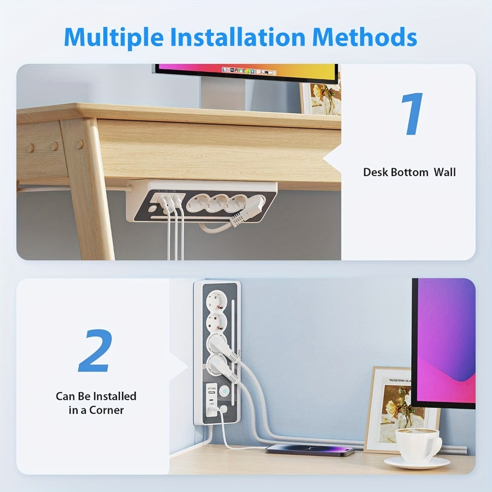 Regleta de enchufes múltiples de ángulo recto 7 en 1 con estación de carga rápida, 4 CA, 2 USB-C de 20W con indicador LED y doble interruptor, ideal para cargar teléfonos, tablets en el hogar, la oficina, configuración de oficina en casa, organización del