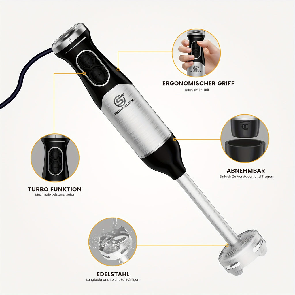 SUPERLEX Licuadora de Mano 600W - Batidor de Acero Inoxidable de Grado Alimenticio, 2 Velocidades (Alimentos Suaves/Duros) para Cocina Hogareña/Catering/Pequeños Negocios de Alimentos | Prepara Sopas, Salsas, Purés