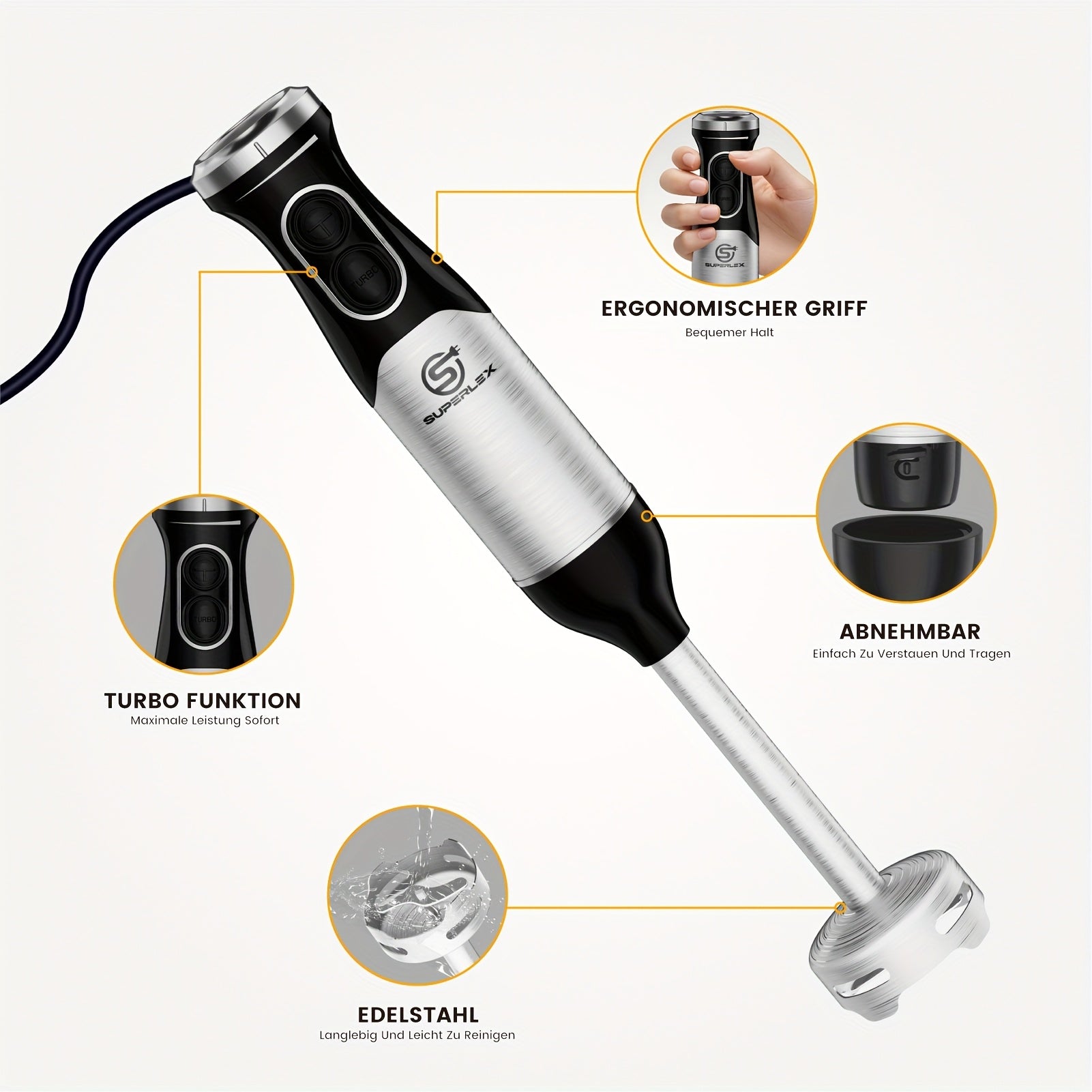 SUPERLEX Licuadora de Mano 600W - Batidor de Acero Inoxidable de Grado Alimenticio, 2 Velocidades (Alimentos Suaves/Duros) para Cocina Hogareña/Catering/Pequeños Negocios de Alimentos | Prepara Sopas, Salsas, Purés
