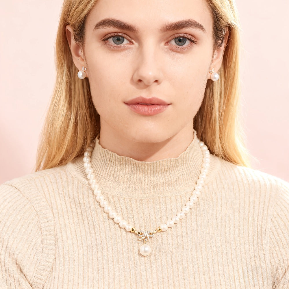 Joyería para mujer de plata 925, collar con lazo de perlas de agua dulce, aretes de botón con perlas de circonita sintética y orejas de conejo, grado AAAA, criado a mano, tamaño grande de 8 mm, seleccionado, Halloween, Navidad, Día de San Valentín, cumple