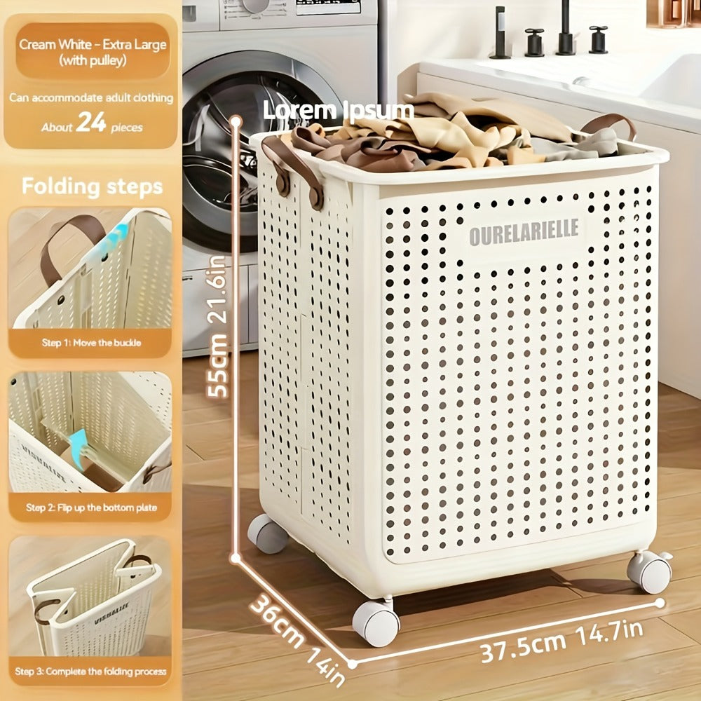 Cesta de Ropa Grande Plegable con Ruedas, Cuero Sintético Color Sólido, Versátil y Portátil para Almacenamiento en Baño y Balcón, 15.8/205GaA, Varios Tamaños Disponibles, Bolsa de Ropa para Lavandería, Cestas de Ropa