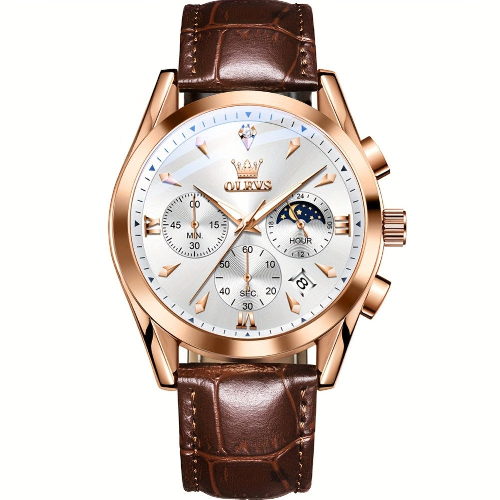 OLEVS Reloj para Hombre Clásico Cronógrafo Cuero Marrón Caja Dorada Analógico Cuarzo Moda Negocios Vestir Cara Grande Reloj de Hombre Día Fecha Luminoso Casual Reloj de Pulsera Masculino Regalos Románticos Relojes De Hombre Azul/Negro/Blanco/Marrón Esfera