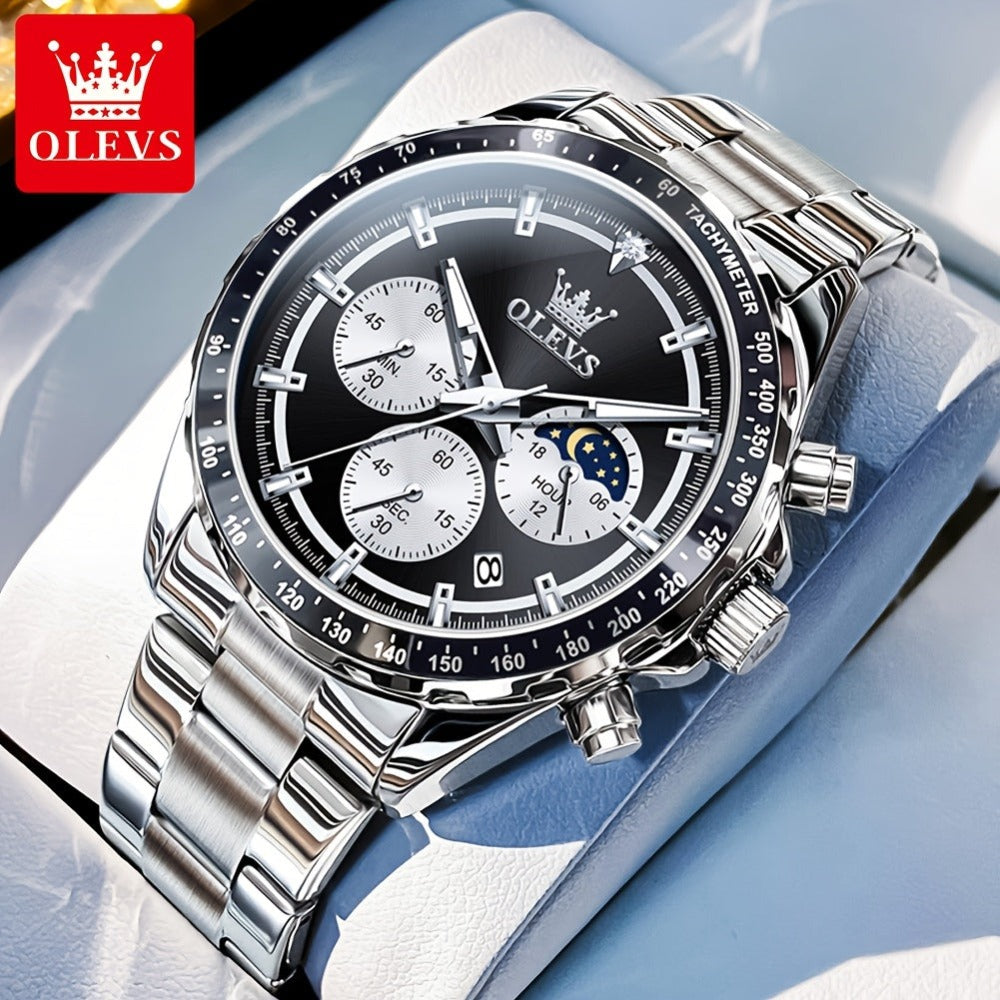 OLEVS Relojes para Hombre Fase Lunar Esfera Acero Inoxidable/Correa de Cuero Cronógrafo Lujo Negocios Vestir Analógico Cuarzo Relojes Masculinos Clásicos Casual Caballero Relojes de Pulsera Luminosos Esfera Negra/Blanca/Azul/Verde