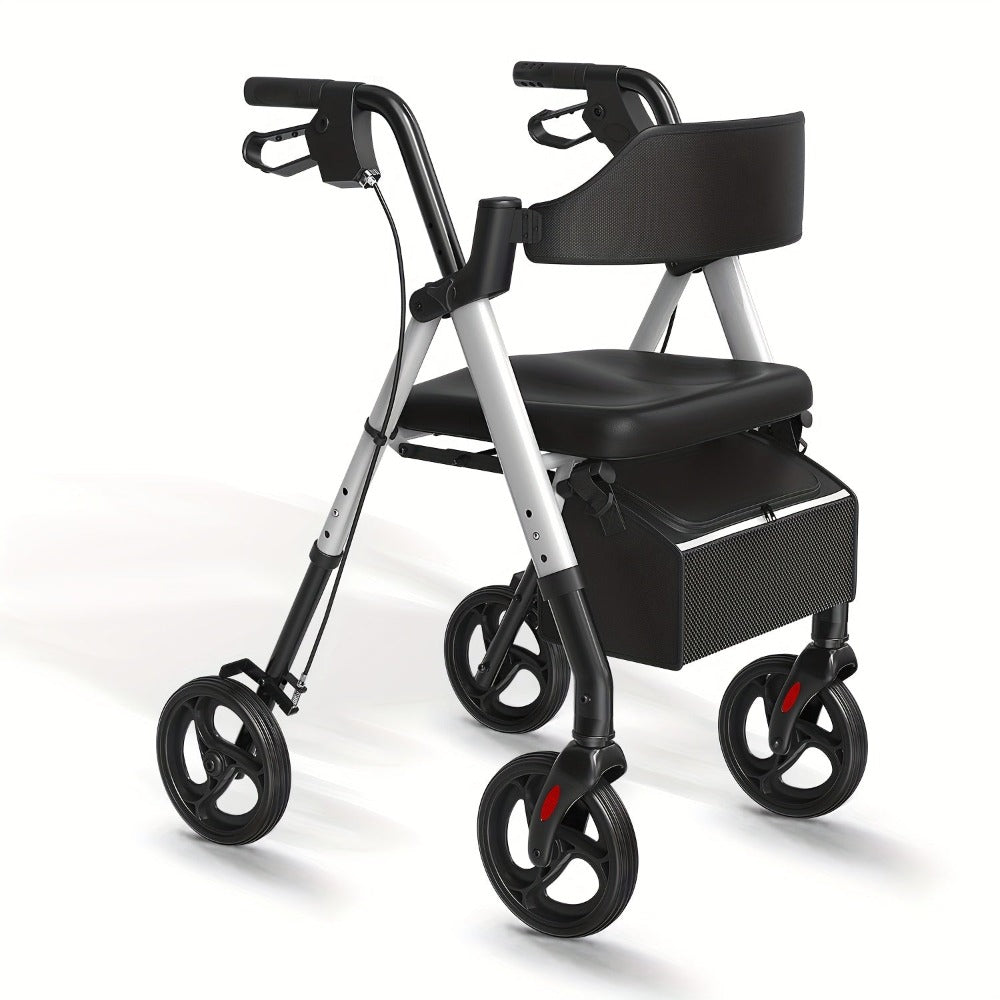 Andador Rollator Plegable para Adultos Mayores, Ayuda de Movilidad Ligera de Aluminio, Ruedas Univer Todoterreno de 20.32cm, Altura Dual Ajustable, Asiento y Respaldo Acolchado Ergonómico de PU, Capacidad de Peso de 136.08 KG