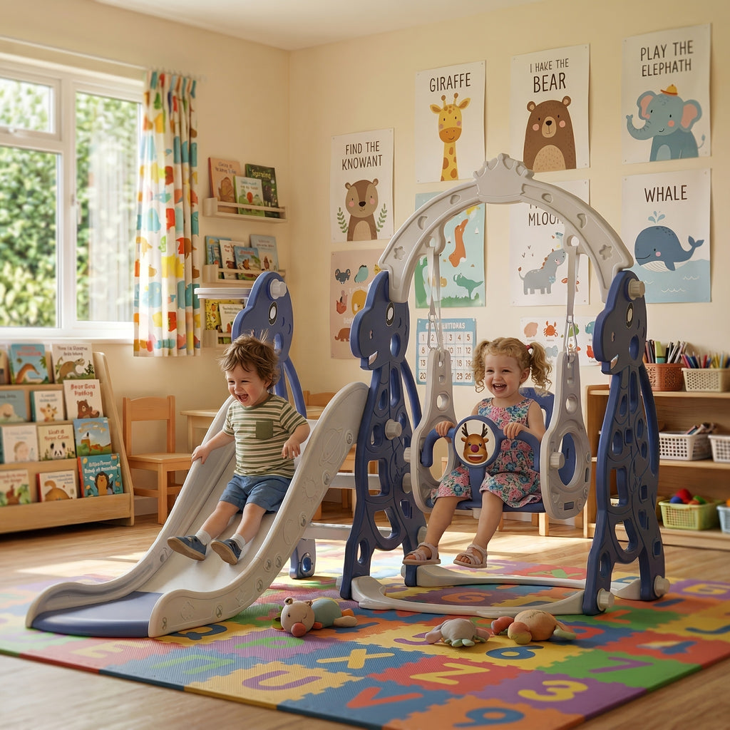 Tobogán infantil arqueado 4 en 1, tobogán infantil con columpio y canasta de baloncesto, longitud del tobogán 145 cm, apto para toboganes infantiles de interior y exterior, toboganes de jardín, toboganes para niños pequeños, parques infantiles