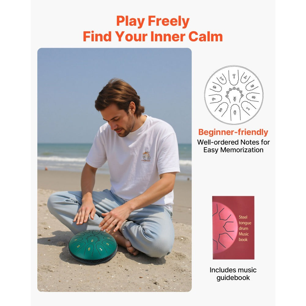 VEVOR Tambor de Lengüeta de Acero, 16.5 cm, 11 Notas, Tambor de Lluvia para Jardín Exterior, Tambores Musicales en Do Mayor con Libro de Música y Baquetas, Instrumento de Percusión para Meditación, Yoga, Educación Musical para Principiantes, Verde