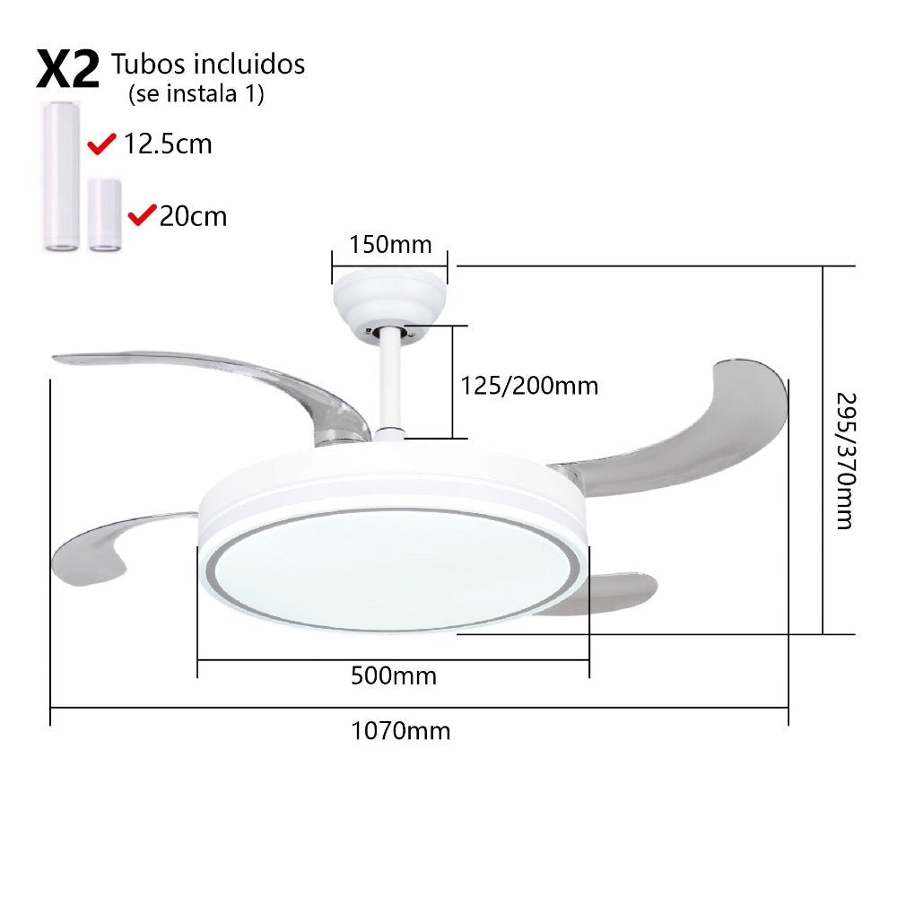 Ventilador de techo con Blanco en 3 Temperaturas de con Mando a Distancia -Motor DC Eficiente y Silencioso, 3 tonalidades, aspas desplegables retráctiles, 6 velocidades, control remoto, memoria, temporizador, silencioso y bajo consumo.