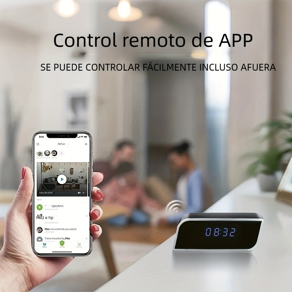 Cámara de reloj HD 1080P con gran angular de 110 grados y visión nocturna, grabación en bucle y funciones de alarma avanzadas. Cámara de reloj de escritorio WIFI6 con control por aplicación. Adecuada para monitoreo de seguridad interior en hogares, interi