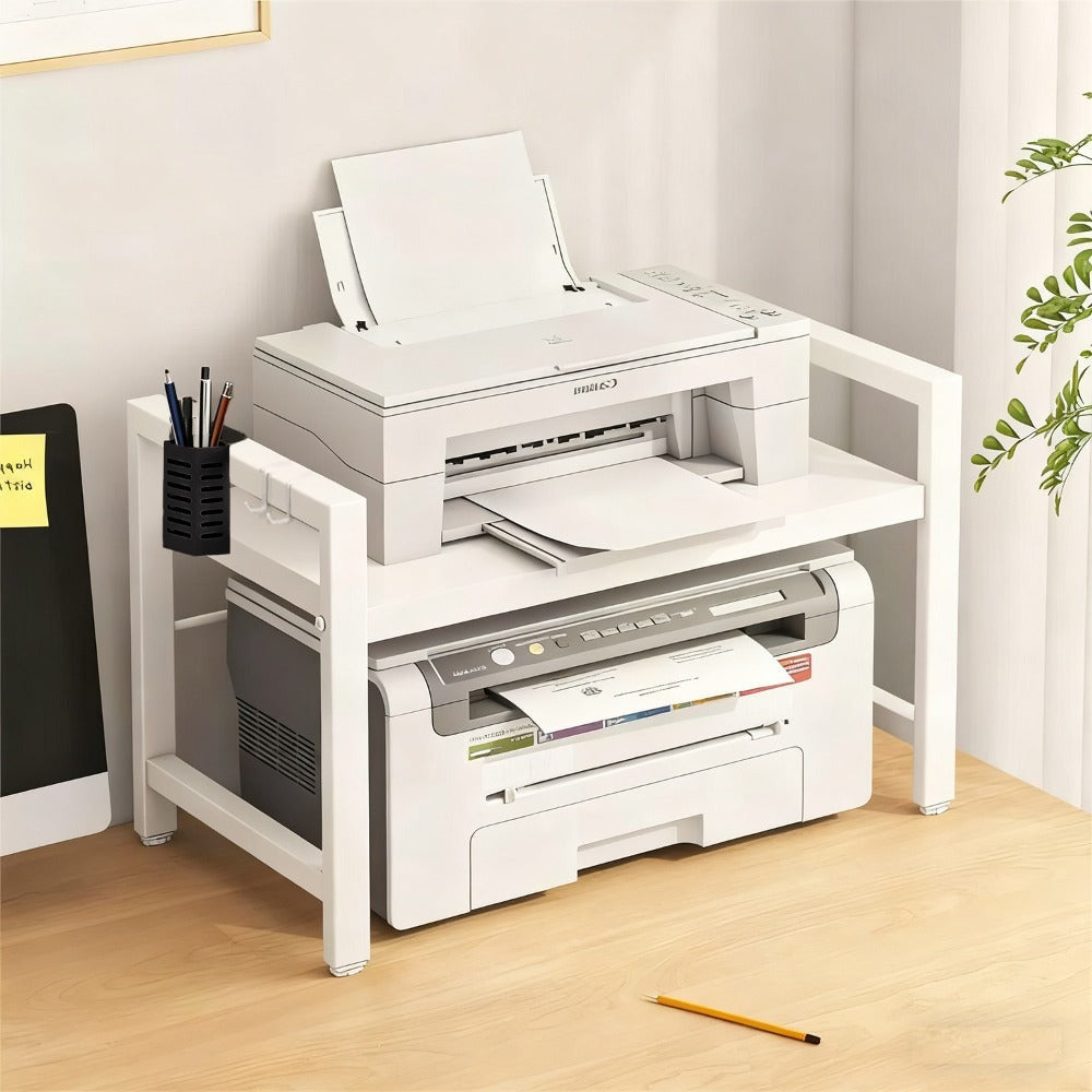 Soporte para impresora de 2/3 niveles con dos ganchos, soporte para bolígrafos, soporte expandible, organizador de escritorio para máquina de fax de oficina, soporte para monitor, estante de almacenamiento de escritorio para oficina en casa, fotocopiadora