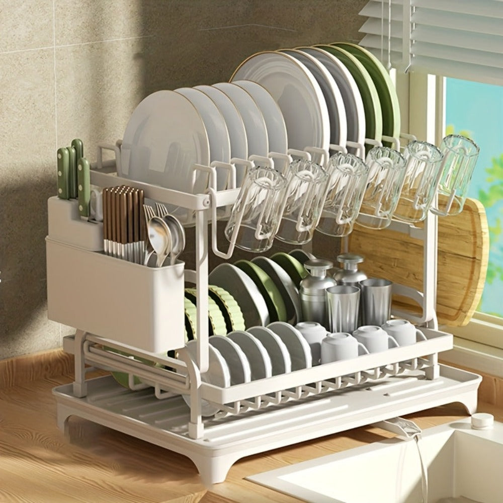 Juego de escurridor de platos de 2 niveles con bandeja de goteo - Espera de metal grande para platos con desagüe, soporte para vasos, soporte para cubiertos y sistema de desagüe adicional - Accesorios de cocina para secado y organización eficiente de plat