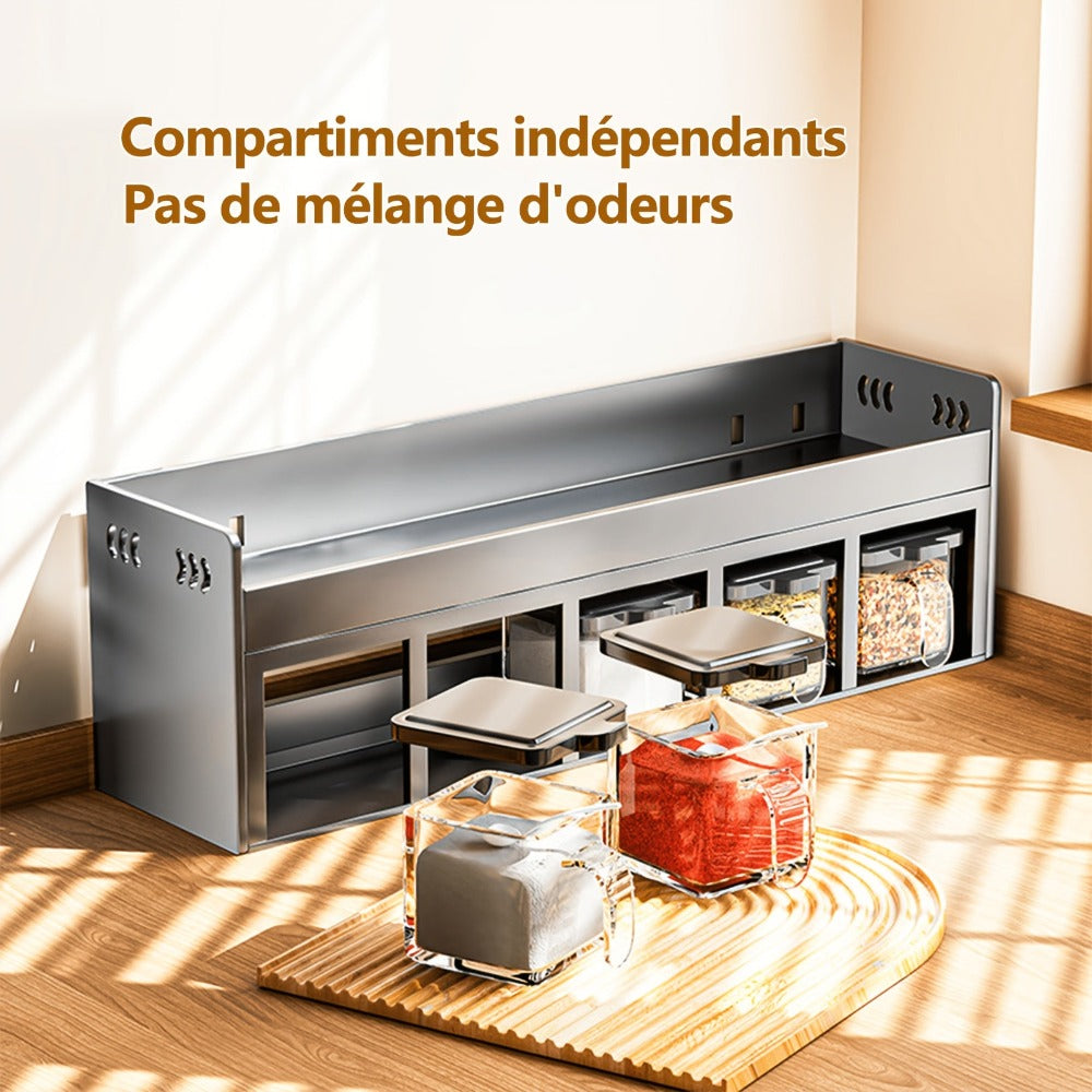 Organizador de especias de acero inoxidable para pared de 5 rejillas con 5 frascos de especias, organizador de almacenamiento de cocina multifuncional, organizador de especias de acero al carbono, instalación sin taladro, almacenamiento de cocina multi-co