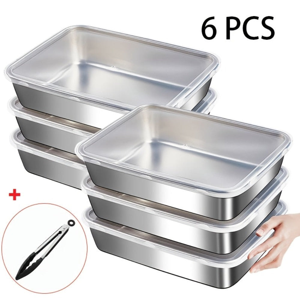 Juego de 6 recipientes de acero inoxidable para alimentos, apilables con tapas, aptos para microondas, con tapa abatible, cuadrados, adecuados para ensaladas, frutas, almacenamiento de alimentos, organizador de cocina, conservación de la frescura en el re