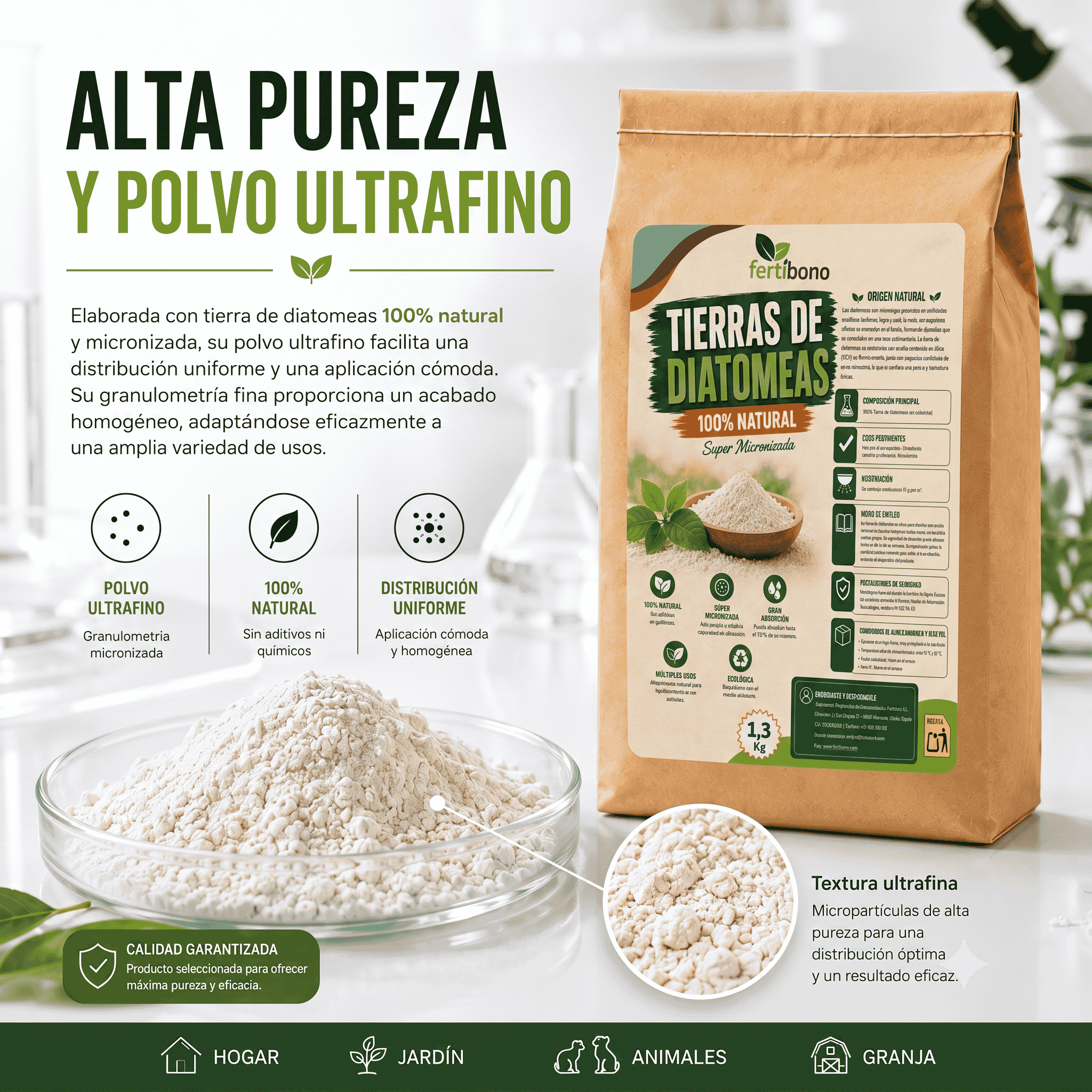 Tierra de Diatomeas Premium – 100% Natural | Polvo Ultrafino 1,3 kg |Múltiples Aplicaciones | Alta Pureza Super Blanca | Vegano y Seguro