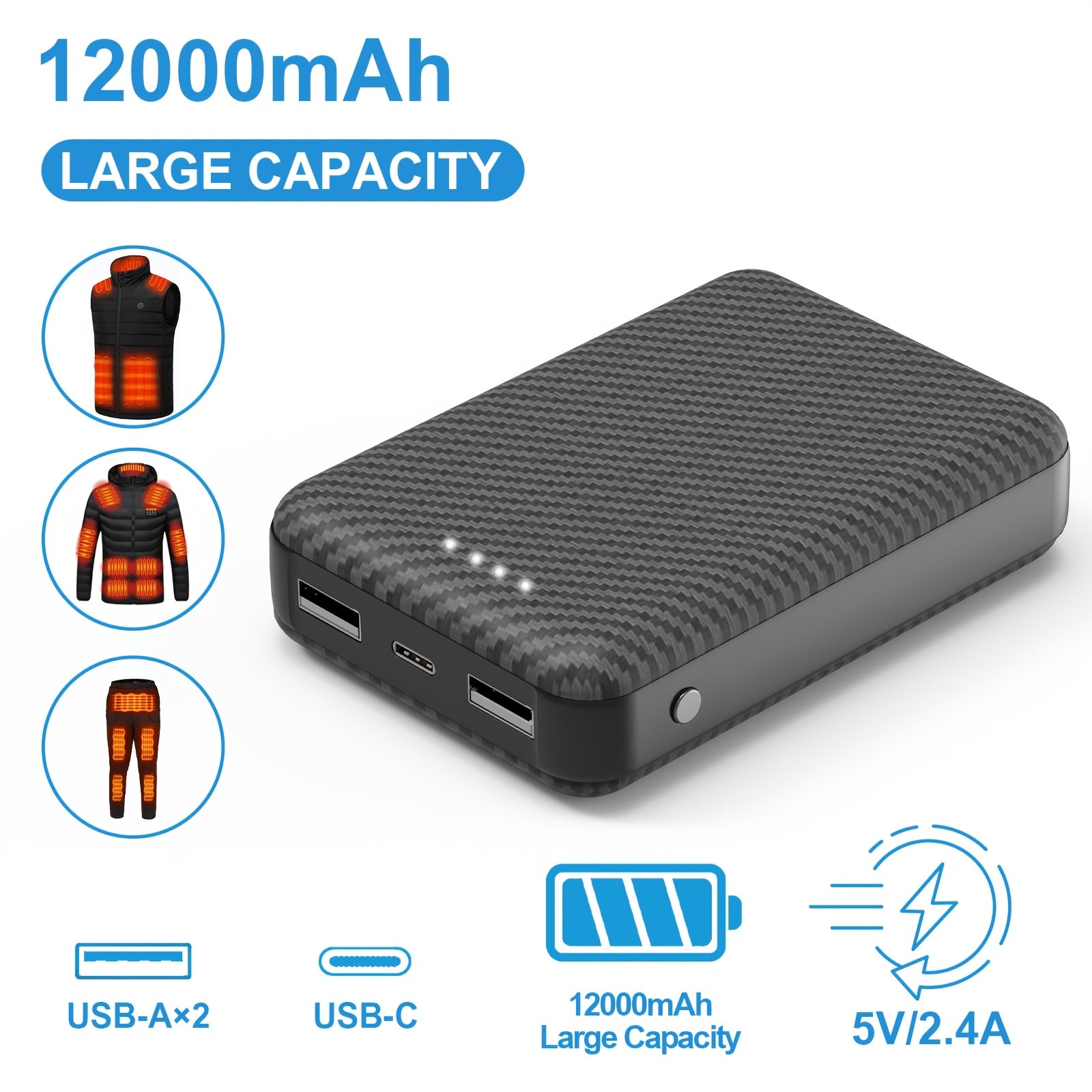 Batería de 12000mAh para Chaleco Calefactor - Power Bank de 5V 2.4A para Chaqueta Calefactora, Sudadera con Capucha y Pantalones, Cargador Portátil USB C Powerbank Compatible con iPhone 16/15/14/13/12/11 Pro/Pro Max, iPad, Samsung, Tablet y Más.