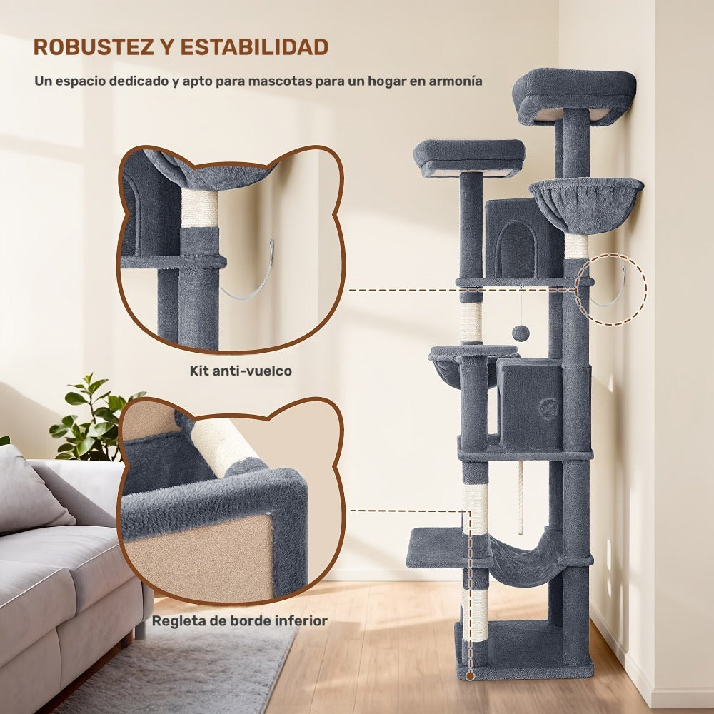 Rascador Grande para Gatos, Rascador de 216 Cm, Gatos Grandes, Estable con Rascadores, 2 Casas Cómodas para Gatos, 2 Perchas, 2 Cestas, Hamaca, Para Uso en Interiores