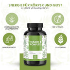 NATURALKRAFT® Complejo de Vitaminas B Premium - 500 Μg de Vitamina B12 y 400 Μg de Ácido Fólico - 8 Vitaminas del Grupo B (B1, B2, B3, B5, B6, B7, B9, B12) para Energía, Sistema Nervioso y Metabolismo - Vegano y Probado en Laboratorio - 180 Cápsulas