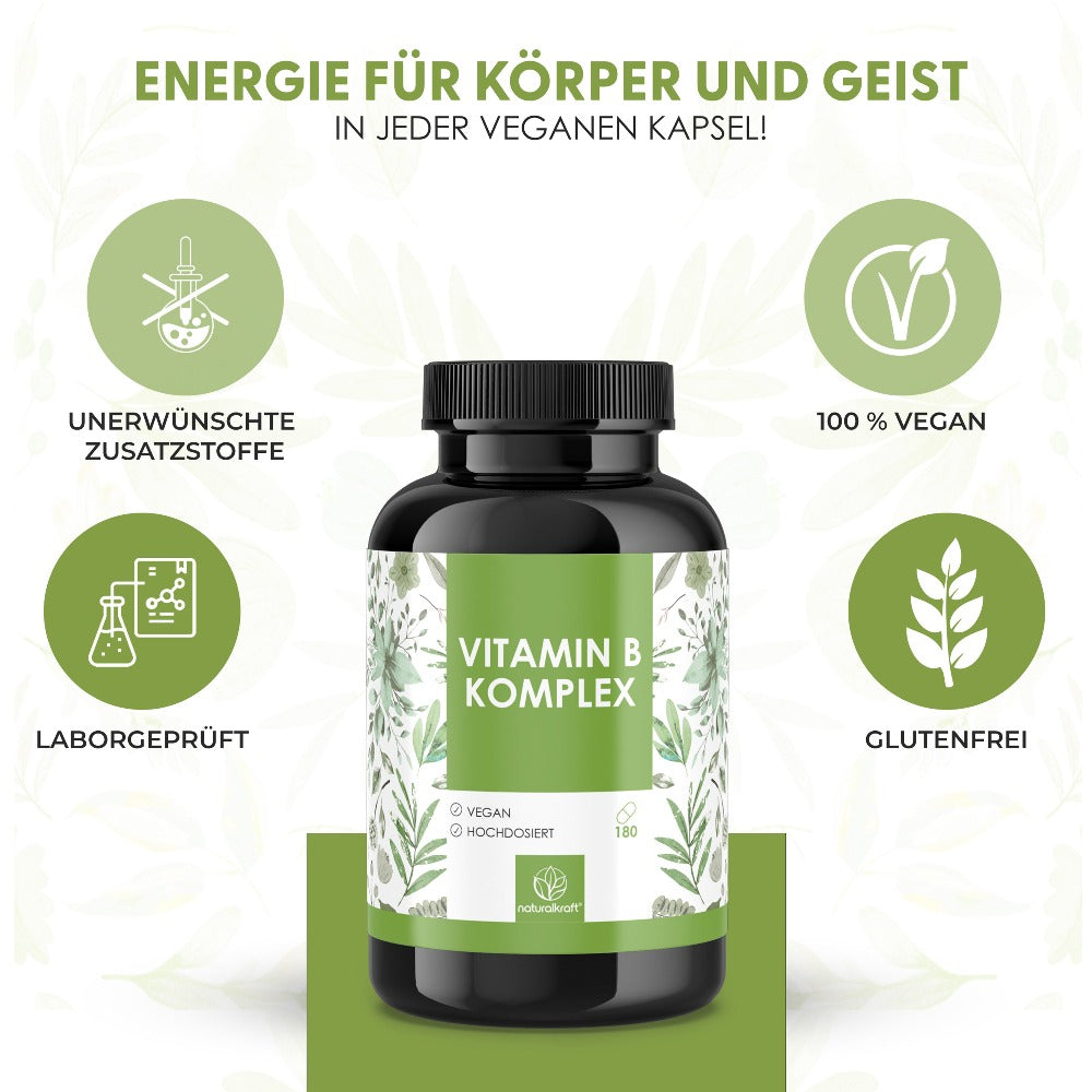 NATURALKRAFT® Complejo de Vitaminas B Premium - 500 Μg de Vitamina B12 y 400 Μg de Ácido Fólico - 8 Vitaminas del Grupo B (B1, B2, B3, B5, B6, B7, B9, B12) para Energía, Sistema Nervioso y Metabolismo - Vegano y Probado en Laboratorio - 180 Cápsulas