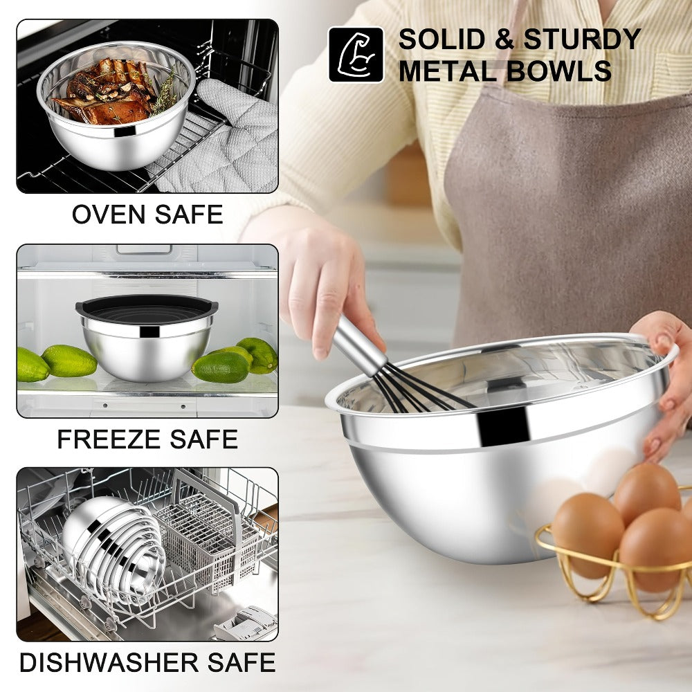 Juego de 7 piezas de ensaladeras prémium de acero inoxidable con tapas, juego de ensaladeras apilables, cuencos duraderos y gruesos, aptos para ensaladas, aptos para lavavajillas y microondas, ideal para Navidad, Hanukkah, Pascua, Acción de Gracias, almac