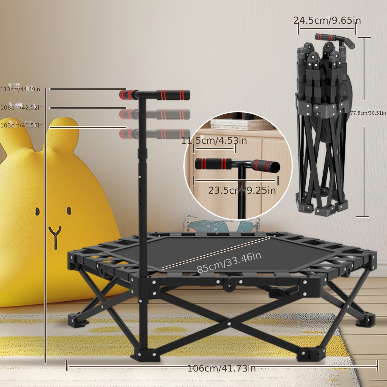 Trampolín Plegable Mini para Adultos con Resortes, Trampolín de Salto Pequeño con Manijas y Poste, Ideal para Interiores
