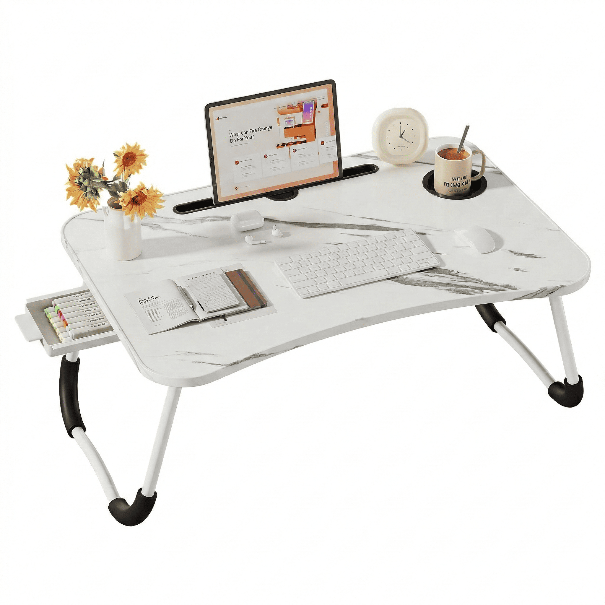 Mesa plegable multifunción para cama y sofá con portavasos, 60×40×28 cm, mesa auxiliar con atril para leer en la cama, bandeja multifunción para ordenador, libros, trabajo y estudio en casa (con cajón / sin cajón)