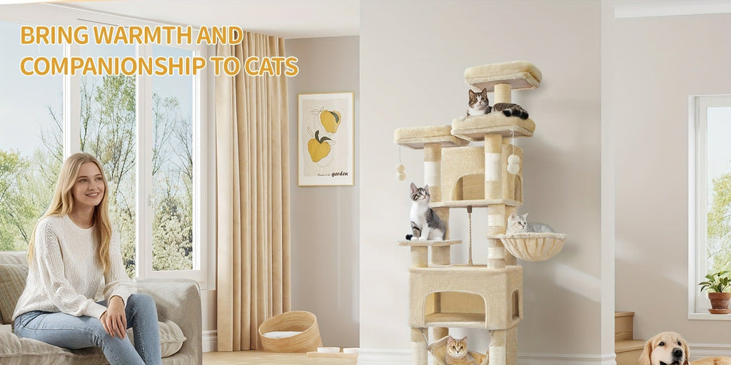 Árbol para Gatos, 176cm, Tamaño XL con 3 Plataformas, 2 Cuevas, 7 Postes Rascadores, Hamaca y Pelota de Felpa – Ideal para Familias de Gatos en Gris Claro/Gris Oscuro Beige, Torre de Escalada para Mascotas, Enriquecimiento Felino, Árbol Ahorra Espacio, Mu