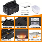 Caja de Almuerzo Portátil con Calentamiento - Capacidad de 2.5 Litros, Acero Inoxidable, Pan Desmontable, Adecuada para Coche, Camión, Oficina, Enchufe Tipo - para Vehículo o Calentamiento (Bolsa Aislante Incluida)