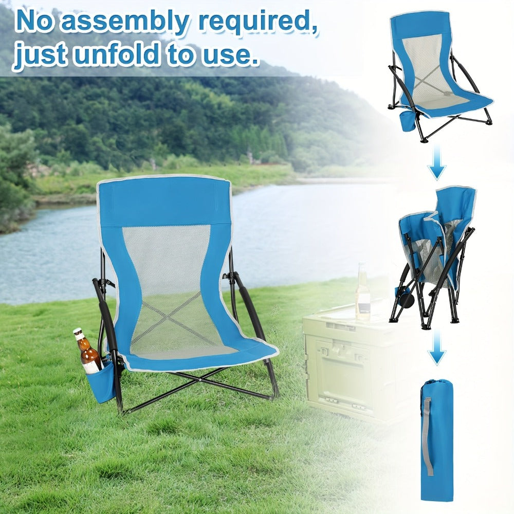 Silla de camping plegable para exteriores, 1 pza./2 pzas., con portavasos y bolso de mano, reposabrazos acolchados engrosados, respaldo de tela de malla transpirable, silla de pesca con portavasos + juego de bolso de mano, portátil, adecuada para camping,