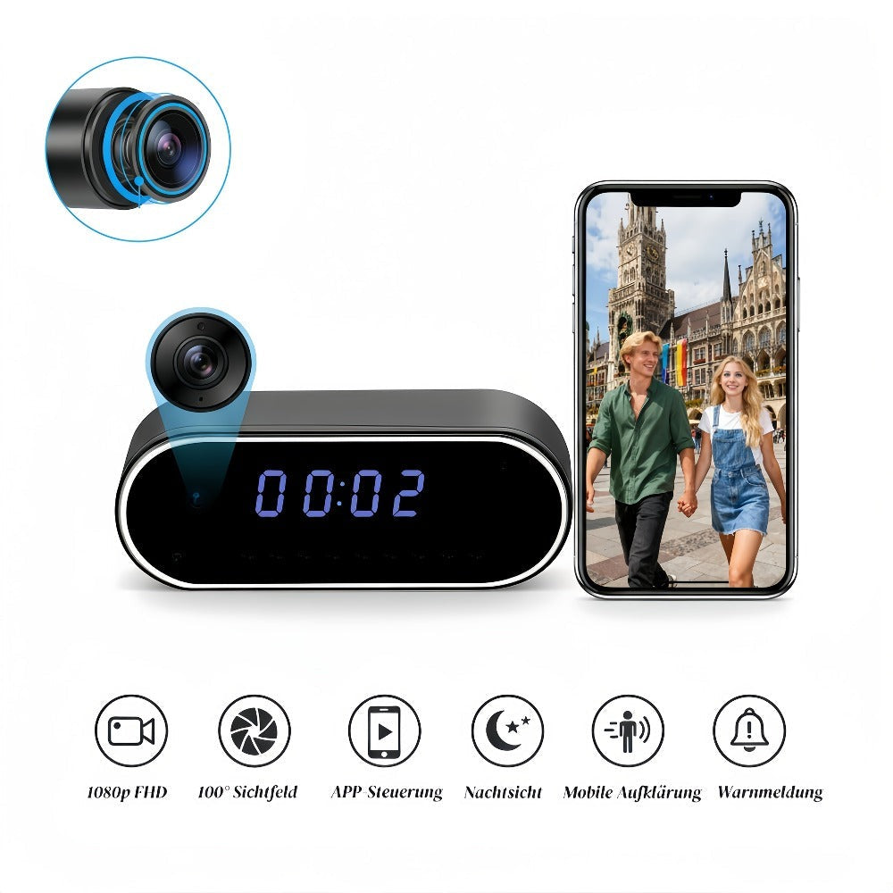 Reloj Wifi de moda con cámara 1080P, visión nocturna, reconocimiento inteligente AI, detección de movimiento, punto de acceso AP de red local, notificación de alarma con video de 6 segundos y correo electrónico, visualización remota en teléfono móvil, bat