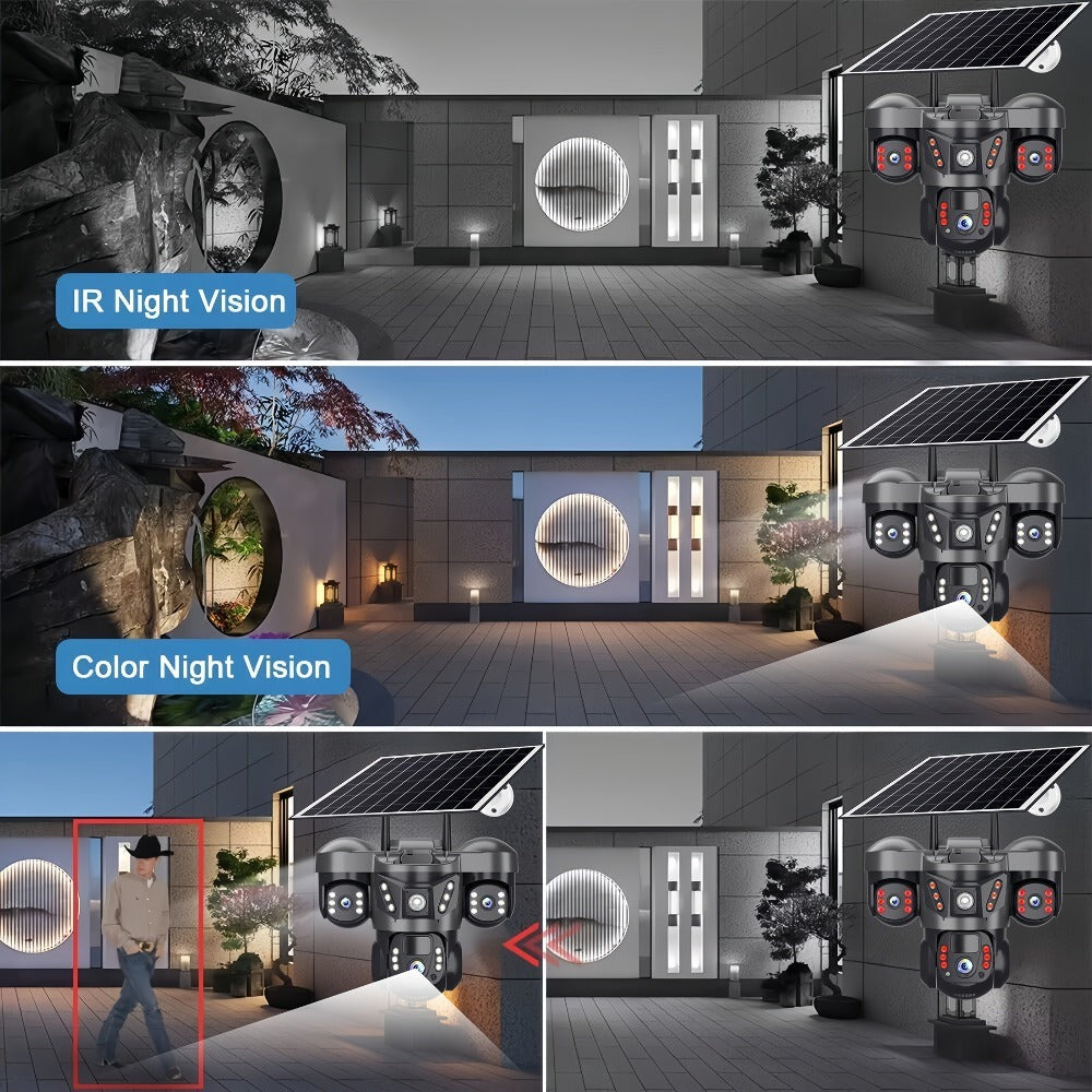 Cámara solar con WiFi V380 PRO de 3 lentes, 1080P, resistente al agua, HD, para exteriores, CCTV, visión nocturna, audio bidireccional, cámara de red con seguimiento de movimiento, cámara PTZ, seguimiento automático, alarma y visión nocturna en color, rot