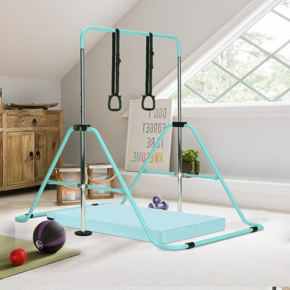 Barra de gimnasia ajustable para entrenamiento en casa, completa con agarres, muñequeras, clavos de suelo y una alfombra de ejercicios