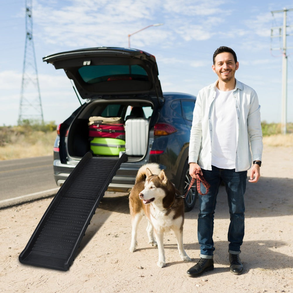 Rampa para perros plegable de plástico, escaleras para mascotas, rampa de acceso antideslizante con topes de goma hasta 90 kg, 156 x 40 cm, negra