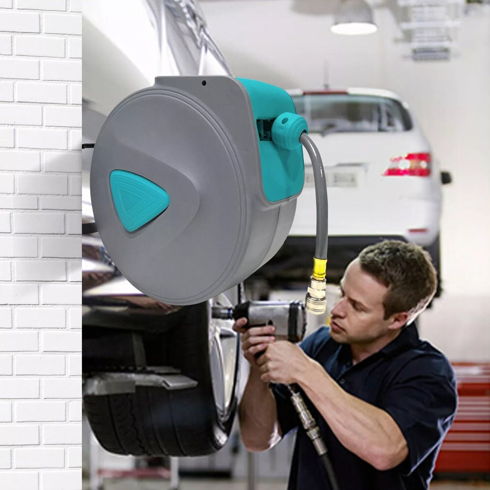 Soporte de manguera gris para pared con carrete de manguera neumático y conexión automática de 1/4''