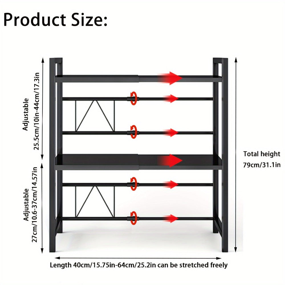 Estante para Microondas de 3 Niveles Extensible con 6 Ganchos, Estante de Cocina, Organizador de Especias, Organizador de Gabinete para Cocinas, , Extensible de 40 a 64 cm