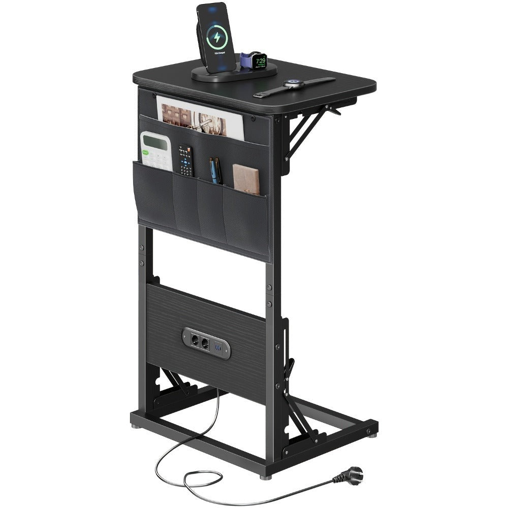 Mesa Auxiliar Plegable con Enchufe y Puertos USB Incorporados, Mesa de Noche Ajustable con Organizador de Almacenamiento para Sofá, Cama, Oficina en Casa