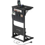Mesa Auxiliar Plegable con Enchufe y Puertos USB Incorporados, Mesa de Noche Ajustable con Organizador de Almacenamiento para Sofá, Cama, Oficina en Casa
