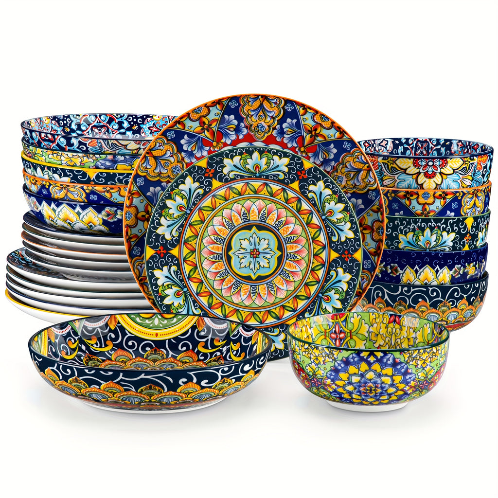 Juego de vajilla de estilo bohemio de 24 piezas, patrón de doble cara, juego de porcelana con platos, platos de postre, tazones para cereales, tazón para pasta, servicio para 6 personas