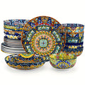 Juego de vajilla de estilo bohemio de 24 piezas, patrón de doble cara, juego de porcelana con platos, platos de postre, tazones para cereales, tazón para pasta, servicio para 6 personas