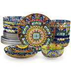 Juego de vajilla de estilo bohemio de 24 piezas, patrón de doble cara, juego de porcelana con platos, platos de postre, tazones para cereales, tazón para pasta, servicio para 6 personas