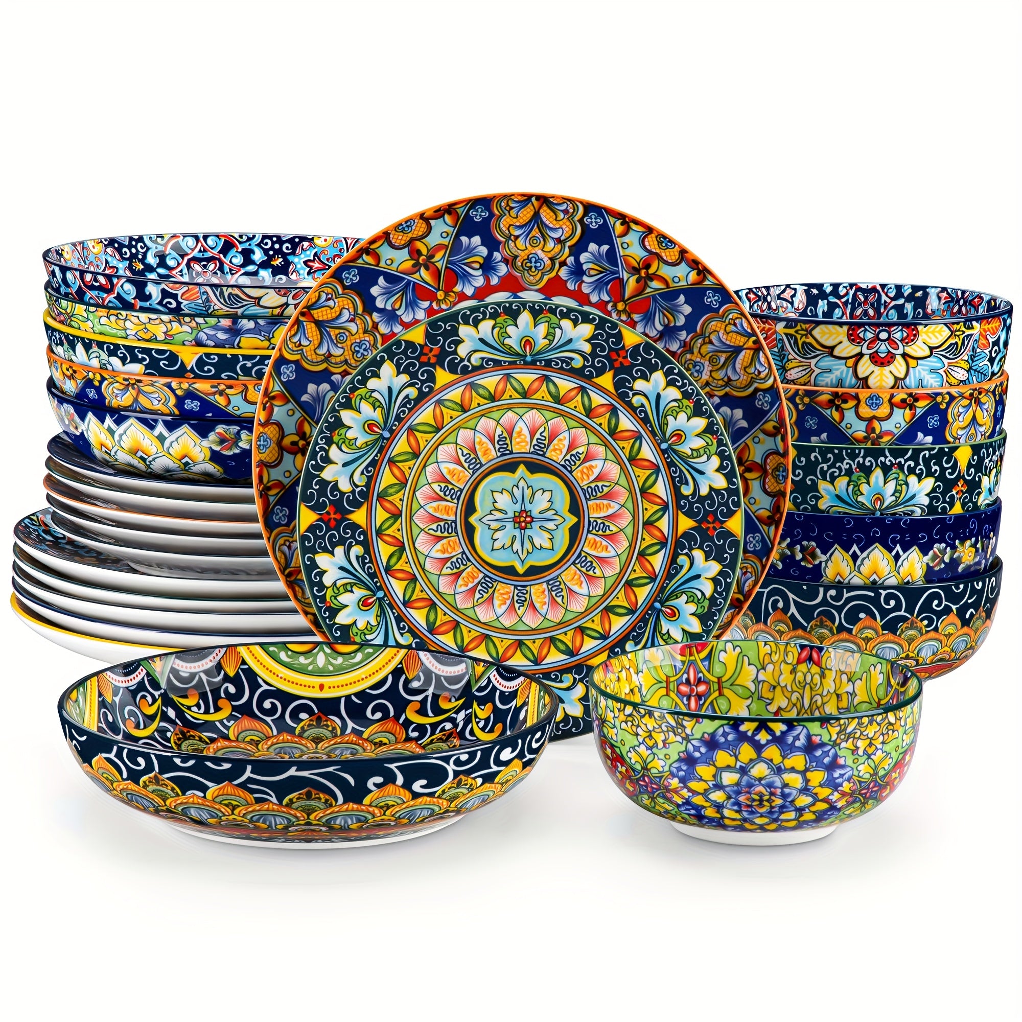 Juego de vajilla de estilo bohemio de 24 piezas, patrón de doble cara, juego de porcelana con platos, platos de postre, tazones para cereales, tazón para pasta, servicio para 6 personas