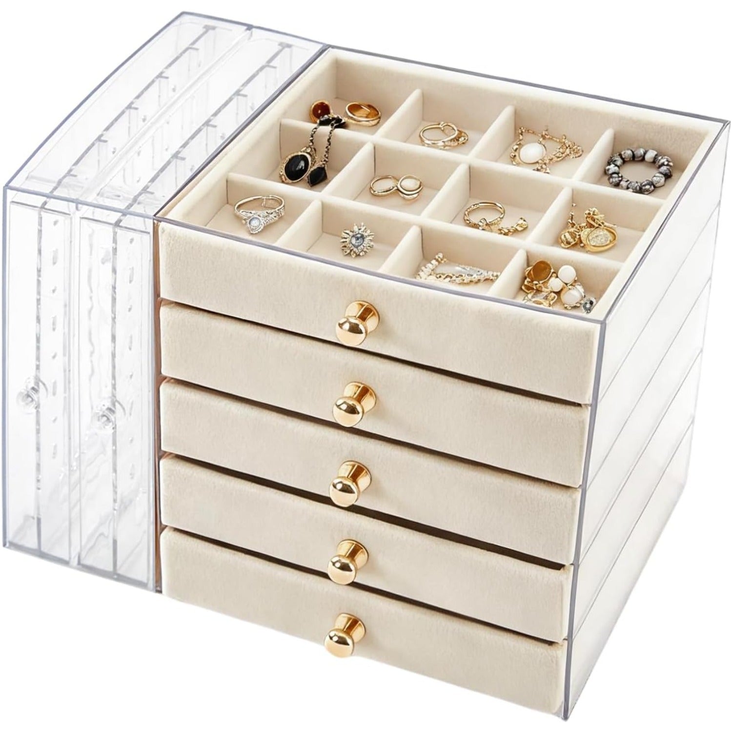Caja de almacenamiento de joyas de gran capacidad con cajones y puerta lateral transparente, organizador multicapa para aretes, collares, anillos y pulseras, elegante solución de almacenamiento para tocador, joyeros