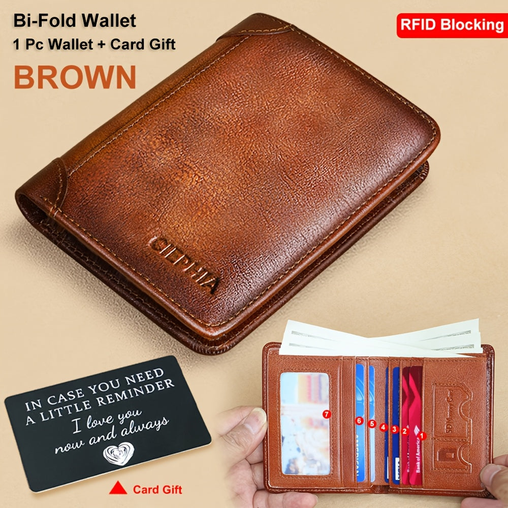 Cartera de Cuero Genuino para Hombre con Juego de Tarjetas de Bendición, Bloqueo RFID, Ultra Delgada, Piel de Vaca de Primera Calidad, Porta Tarjetas de Identificación y Crédito Multifuncional Compacto, Regalo para Navidad, Día de San Valentín y Día del P