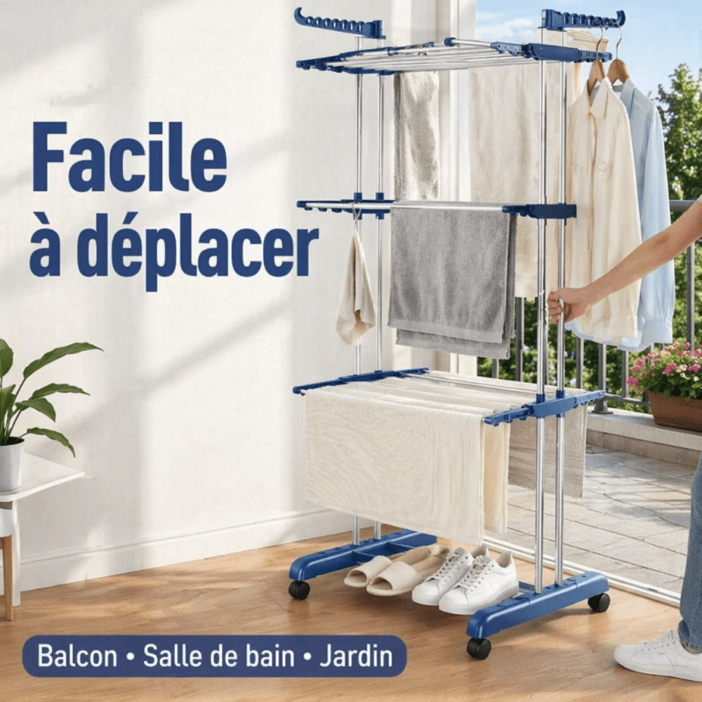 Tendedero grande, plegable y de varios niveles para exterior, portátil, apto para guardar ropa, toallas, artículos de tocador, azul, hecho de plástico