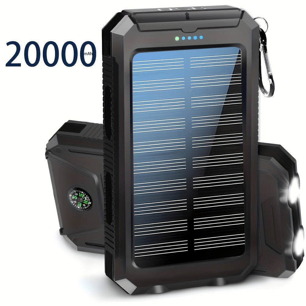 Batería Externa Solar Portátil de 20000Mah, Cargador Solar Portátil para Teléfonos Móviles, Cargador de Batería Externa para Camping para Teléfonos Móviles, 2 USB/ Linternas LED con Brújula para Actividades al Aire Libre