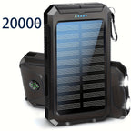 Batería Externa Solar Portátil de 20000Mah, Cargador Solar Portátil para Teléfonos Móviles, Cargador de Batería Externa para Camping para Teléfonos Móviles, 2 USB/ Linternas LED con Brújula para Actividades al Aire Libre