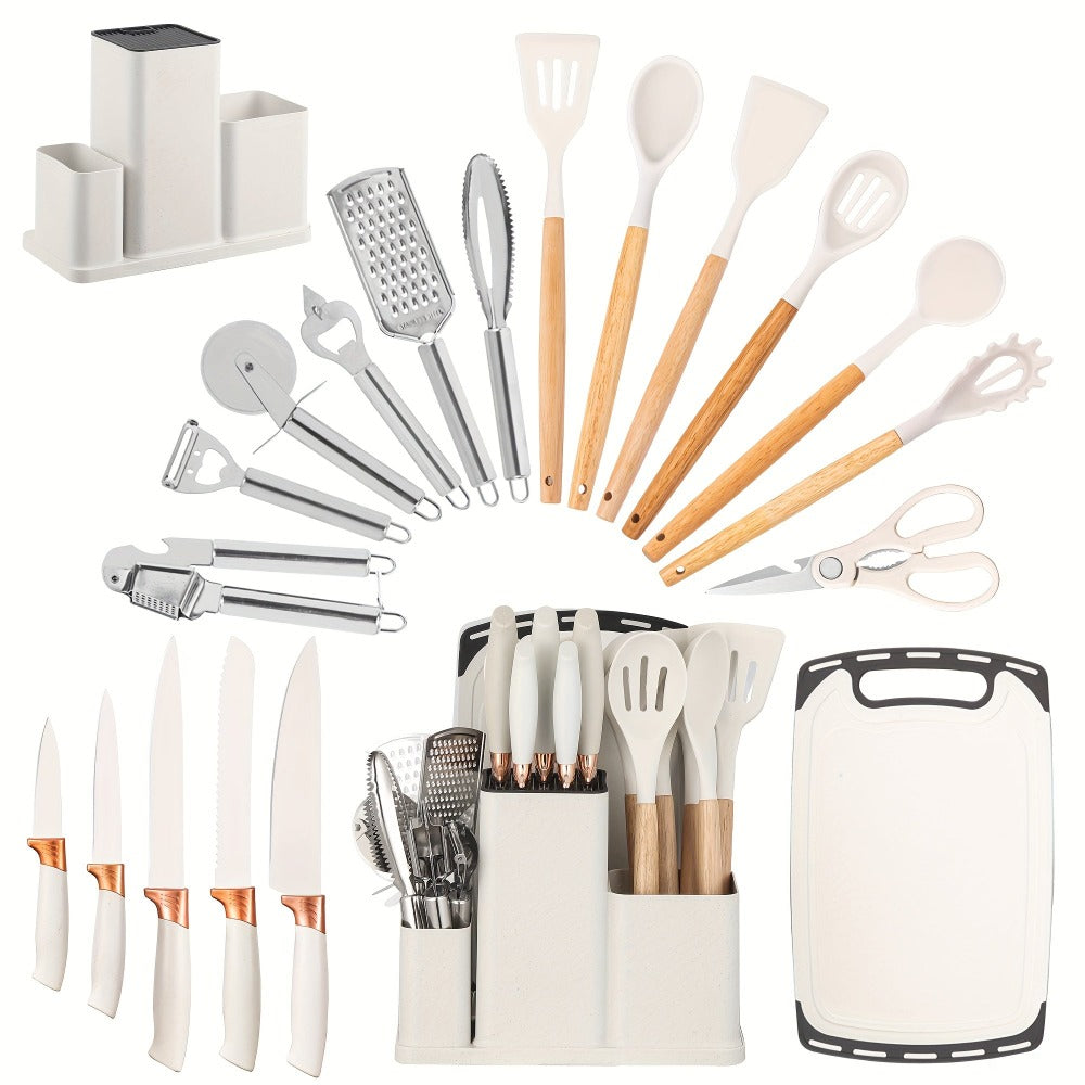Colección de 20 piezas de cuchillos profesionales con soporte. Cuchillo de chef, cuchillo de carnicero, cuchillo para pan, cuchillo para rebanar, cuchillo deshuesador y utensilios de cocina completos. Construcción de espiga completa con mangos antidesliza