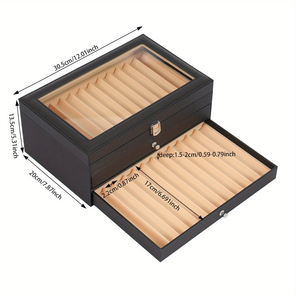 Estuche de Exhibición para Plumas de Gran Capacidad con 36 Ranuras - Caja de Almacenamiento para Coleccionistas de Cuero PU Resistente y Franela con Tapa con Vista al Cielo, Acceso Tipo Cajón Dorado y Diseño Curvo - Organizador de Lujo para 36 Plumas (12"
