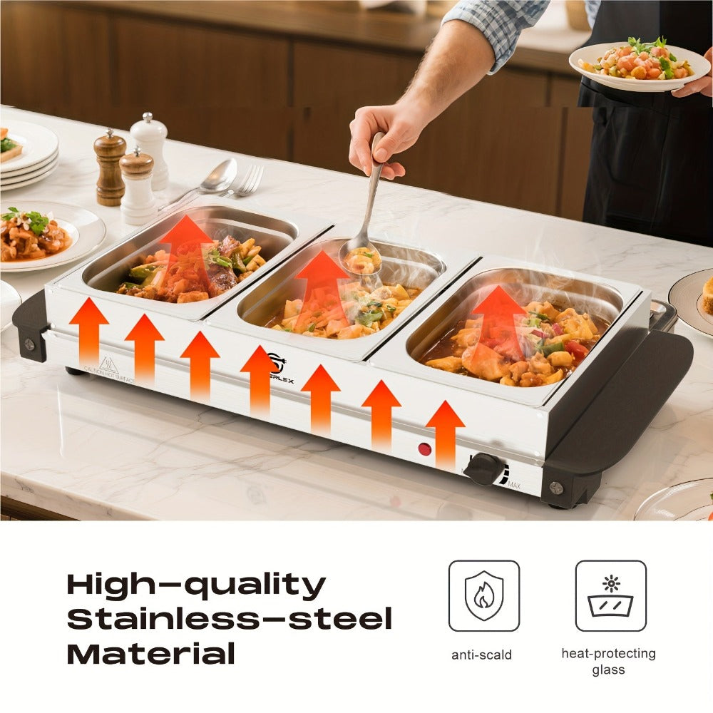 SUPERLEX Servidor Eléctrico de Bufé con Calentador de Comida, que Cuenta con Tres Ollas de 1.5L, un Diseño Espacioso de Acero Inoxidable, una Placa Caliente con Tapas Desmontables, Ajustes de Temperatura Ajustables y un Bandeja de Calentamiento Portátil p