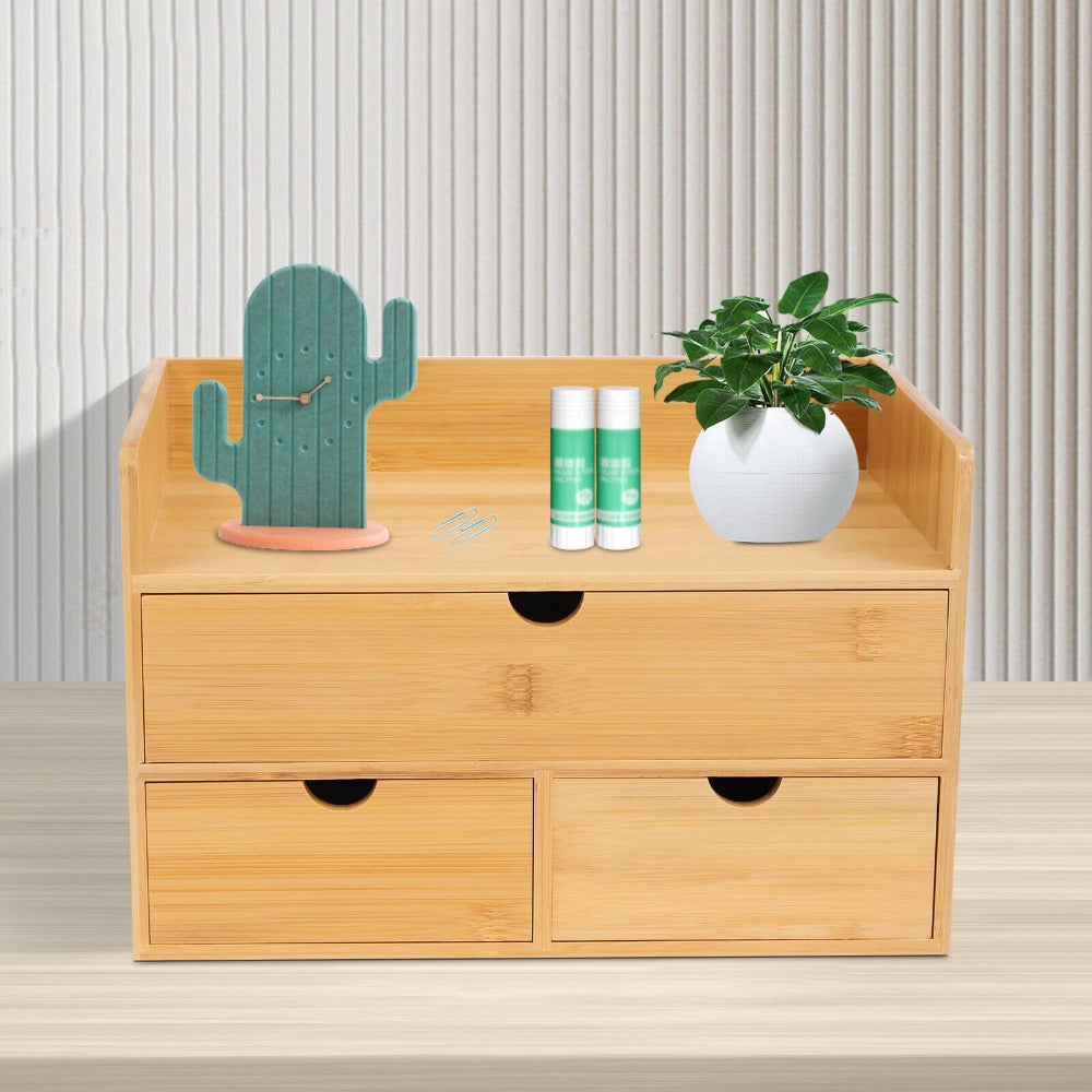 Organizador de escritorio, Organizador de escritorio de bambú con cajón, Caja de escritorio de bambú, Adecuado para guardar diversas cosas de necesidades diarias en habitaciones, oficinas, etc. (3 cajones)