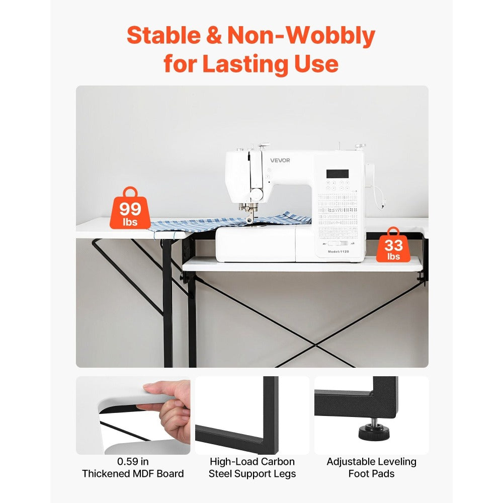 Mesa de Costura VEVOR, Mesa Multiusos para Máquina de Coser con Estante Lateral Plegable, Estante Ajustable, Patas de Acero, Escritorio para Computadora en Hogar, Estudio de Moda, Estudio de Arte, Institución Educativa, Blanco