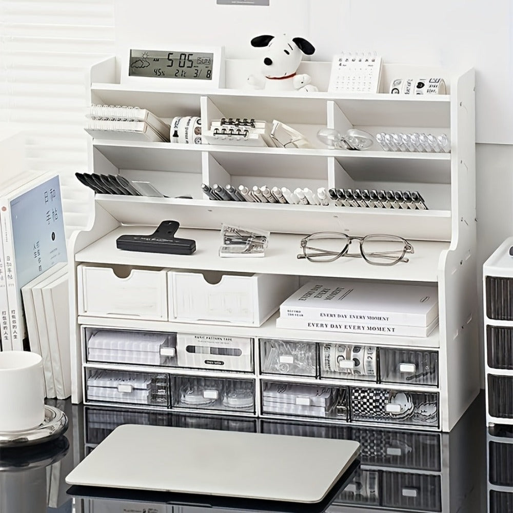 1pc Escritorio Multinivel con Portabolsígrafos Inclinado y Acabado Blanco Mate - Estante Cúbico Ahorrador de Espacio, Estantes de Almacenamiento con Particiones para Suministros de Oficina, Libros, Papelería - Compatible con Organización de Escritorio y O